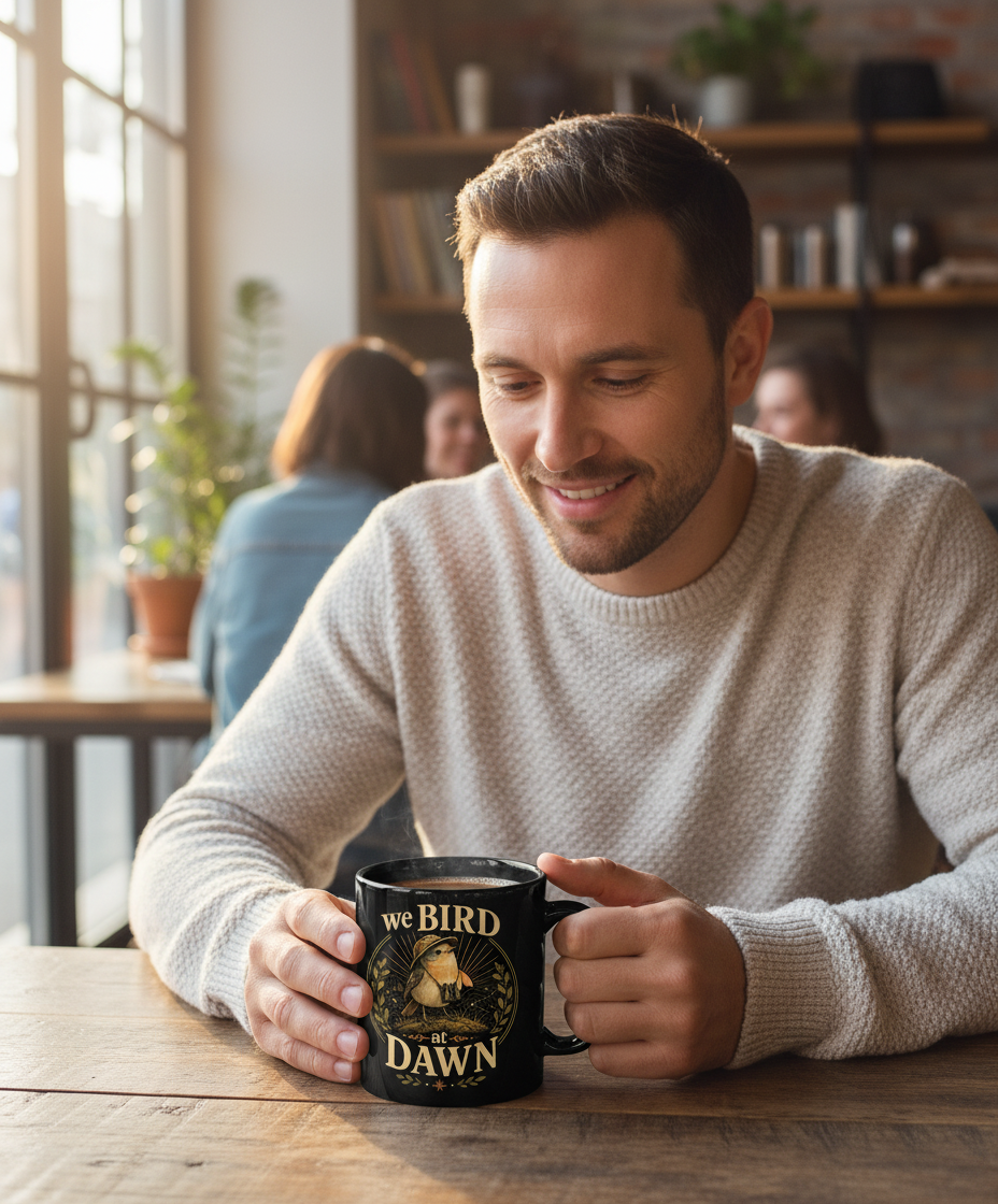 Funny We Bird At Dawn Black Mug - lifestyle model mockup - Black