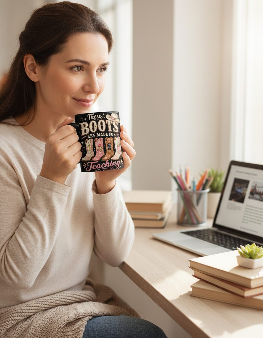 These Boots Are Made for Teaching Teacher Black Mug - lifestyle model mockup - Black