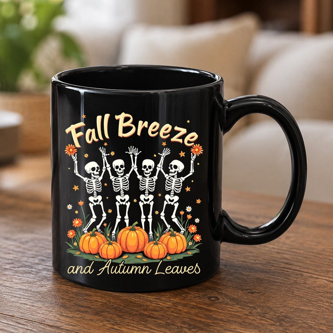 Fall Breeze and Autumn Leaves dancing skeletons Black Mug Black product mockup