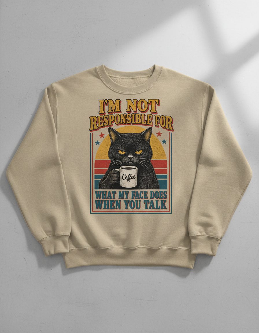 I'm Not Responsible for What My Face Does When You Talk Funny Sarcastic Cat Sweatshirt - product mockup - Sand
