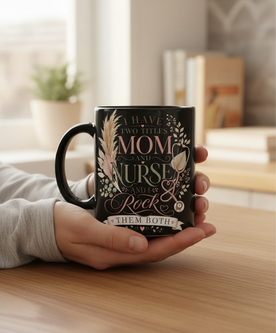 I Have Two Titles Mom and Nurse and I Rock Them Both Black Mug - lifestyle model mockup - Black