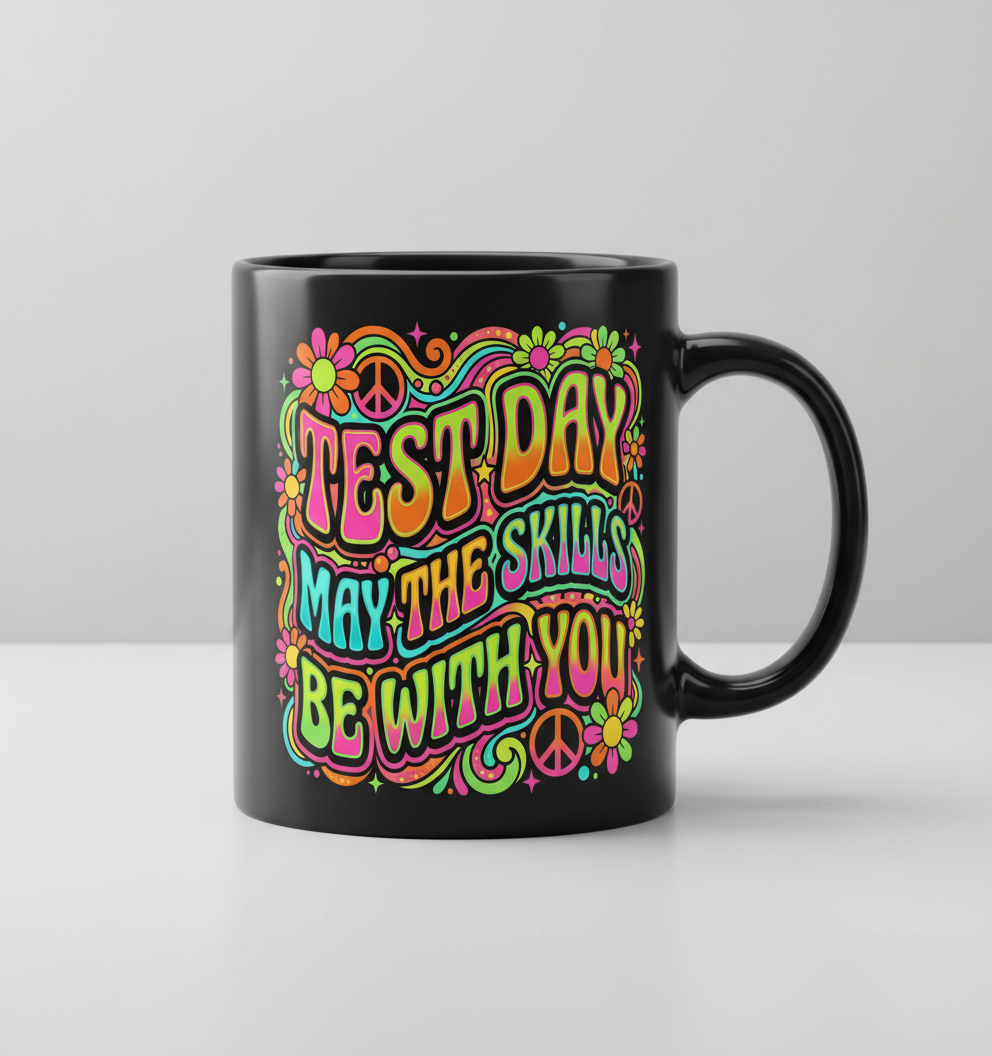 Test Day May The Skills Be With You Psychedelic Retro Design Black Mug - Black
