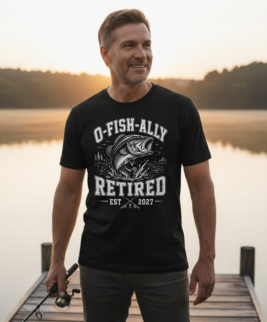 O-Fish-Ally Retired EST 2027 Funny Fishing T-Shirt - lifestyle model mockup - Black