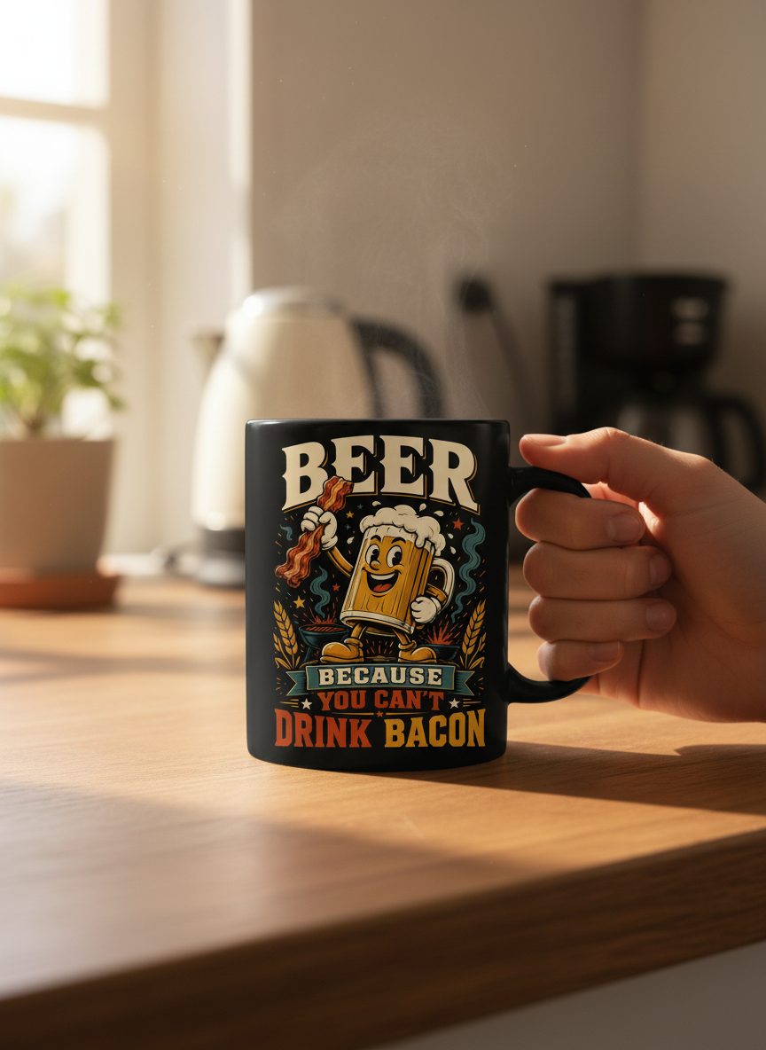 Cant Drink Bacon Beer Funny And Black Mug - lifestyle model mockup - Black