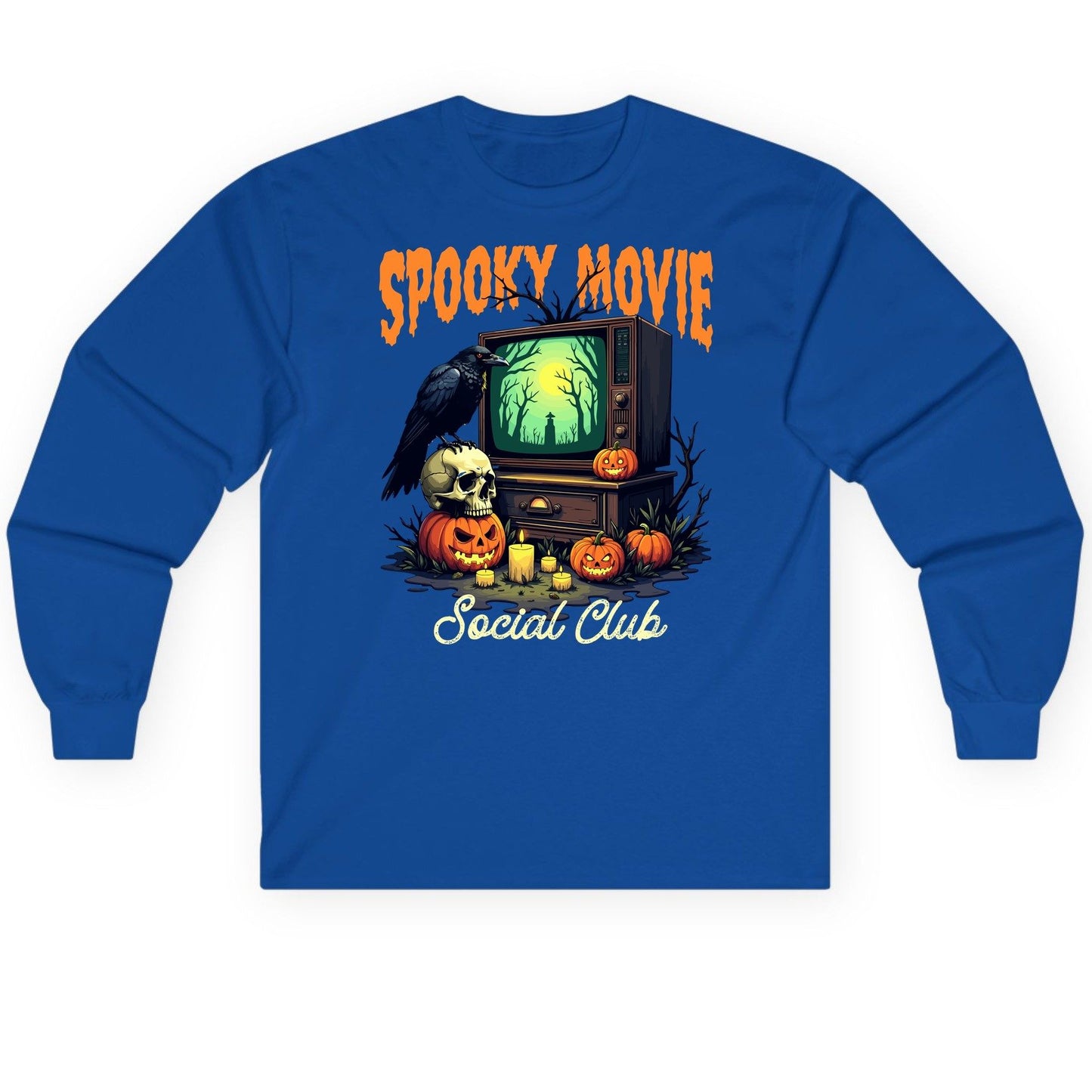 Spooky Movie Social Club Halloween Long Sleeve Tee Royal product mockup