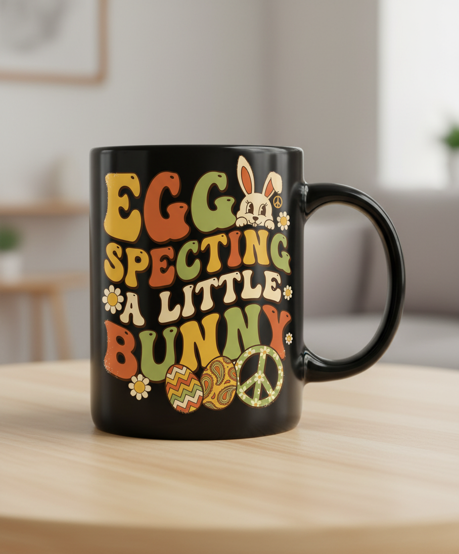 Egg Specting A Little Bunny Groovy Retro Easter Pregnancy Announcement Black Mug - Black