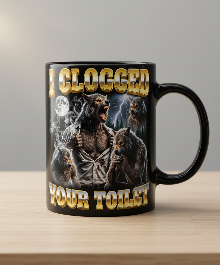I Clogged Your Toilet Werewolf Meme Black Mug - Black