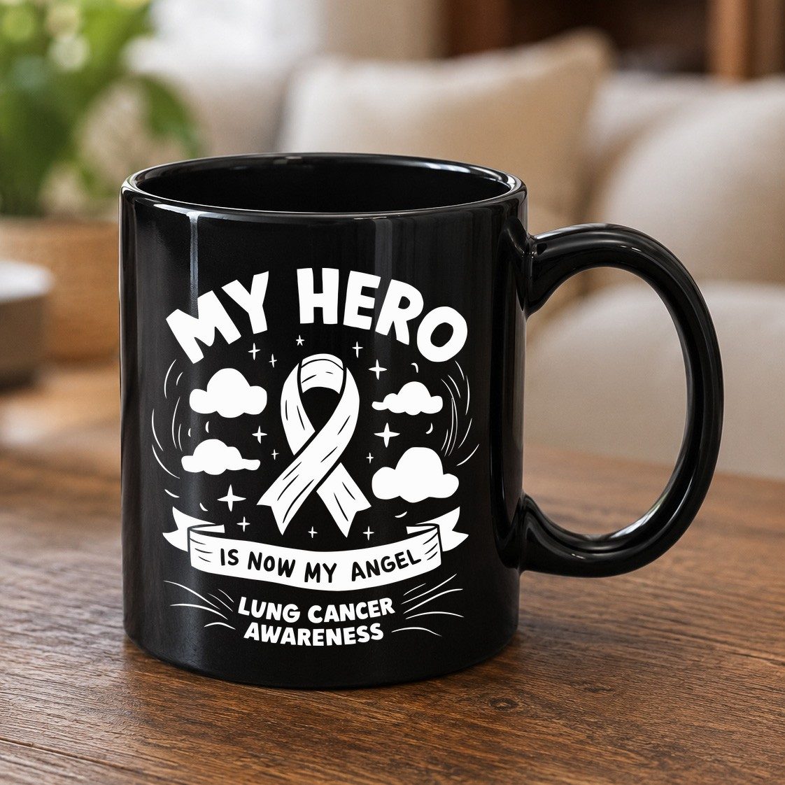 My Hero Is Now My Angel Lung Cancer Awareness lung cancer awareness Black Mug Black product mockup