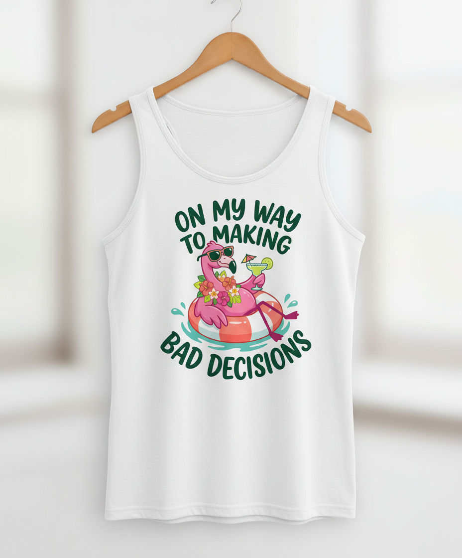 On My Way To Making Bad Decisions Funny Flamingo Tank Top - White