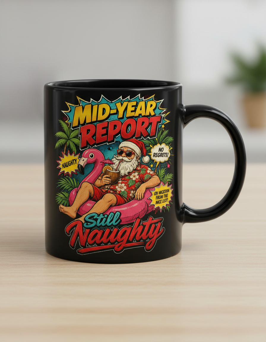 Santa's Mid-Year Report Naughty Vacation Black Mug - Black