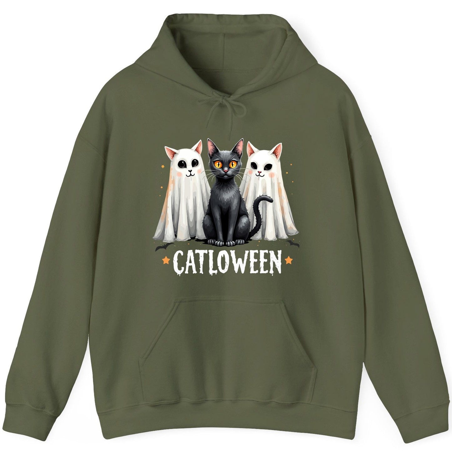 Catloween Halloween cats Hoodie Military Green product mockup