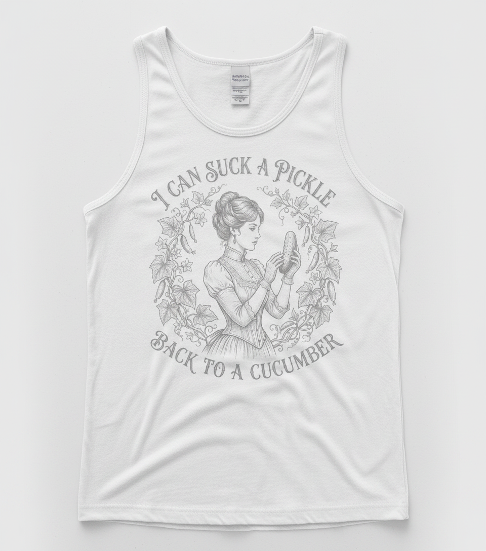 Vintage Victorian "I Can Suck a Pickle Back to a Cucumber" Design Tank Top - White