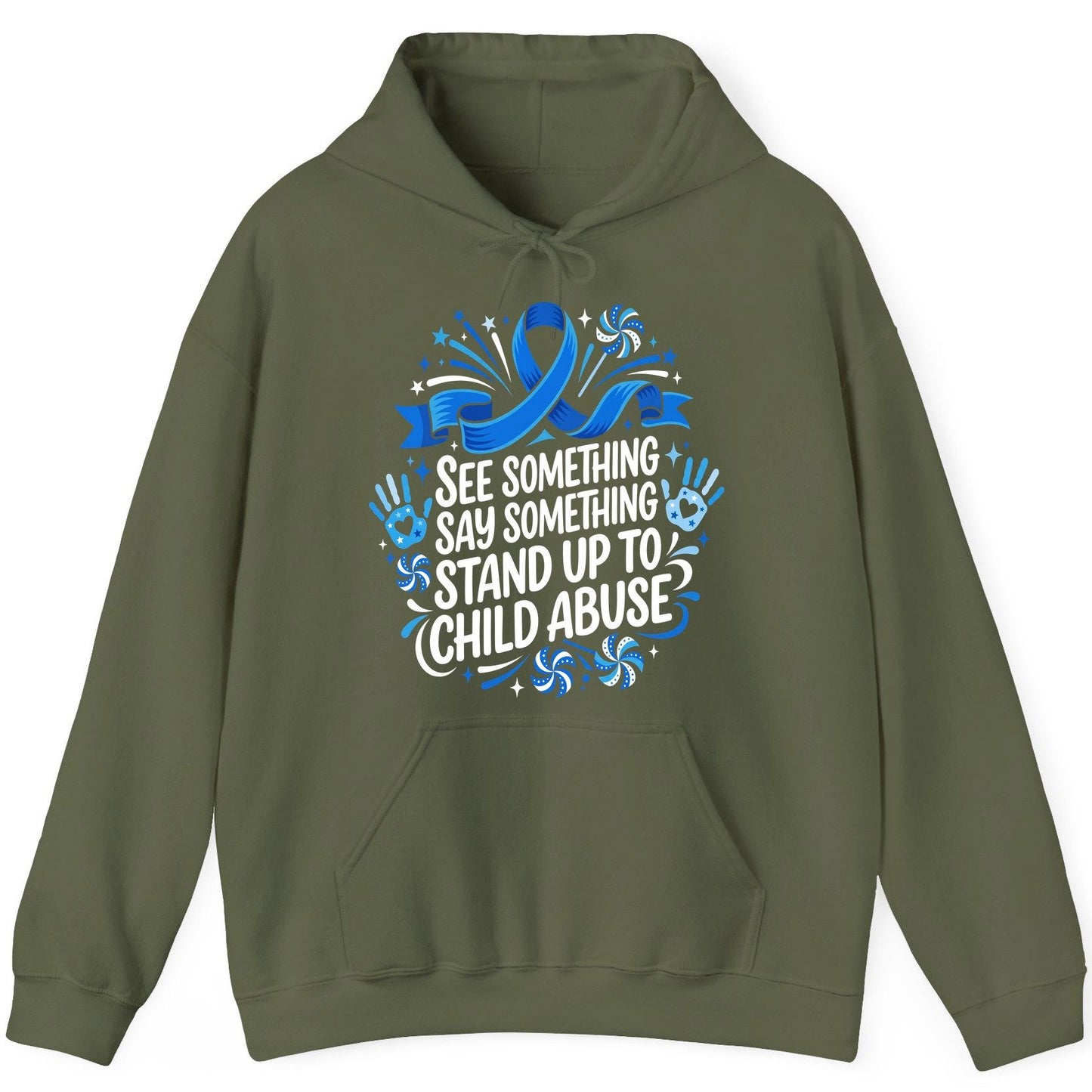 See Something Say Something Stand Up to Child Abuse Prevention Hoodie - product mockup - Military Green