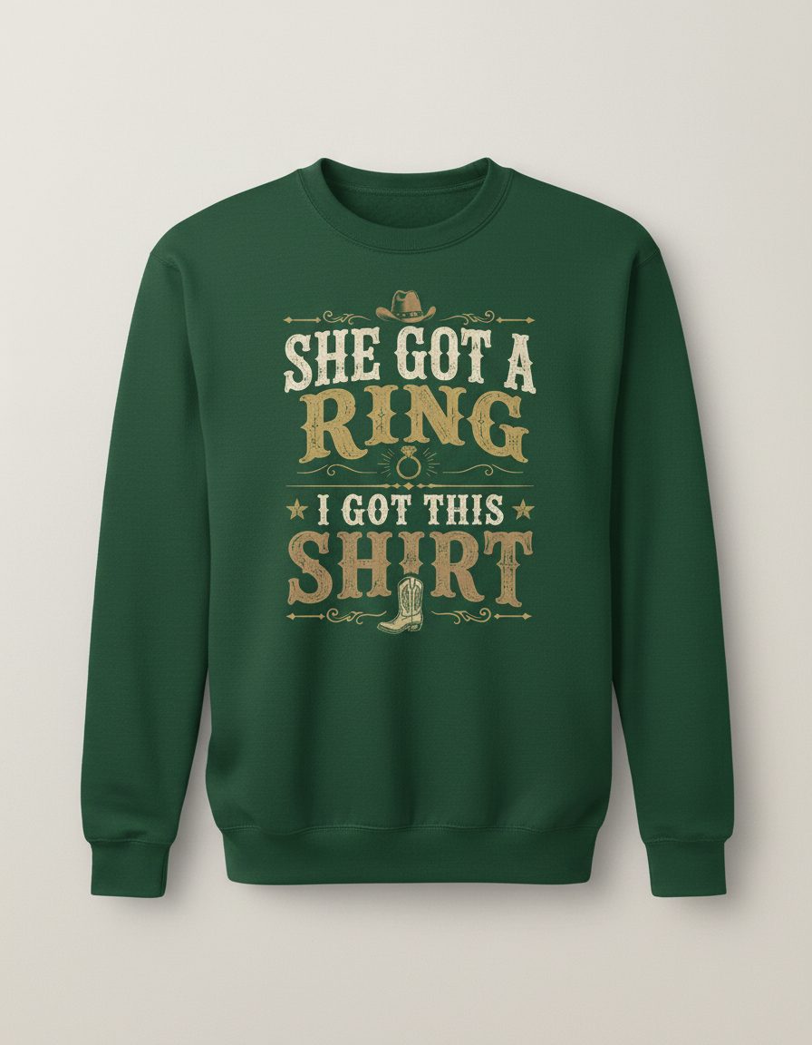 SHE GOT a RING I GOT THIS SHIRT Funny Bachelor Party Sweatshirt - product mockup - Forest Green