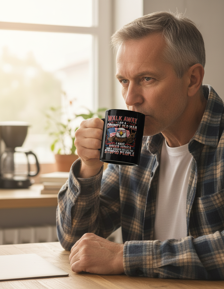 WALK AWAY I AM A GRUMPY OLD MAN I HAVE ANGER ISSUES AND A SERIOUS DISLIKE FOR STUPID PEOPLE Funny Grumpy Old Man Patriotic Eagle Black Mug - lifestyle model mockup - Black