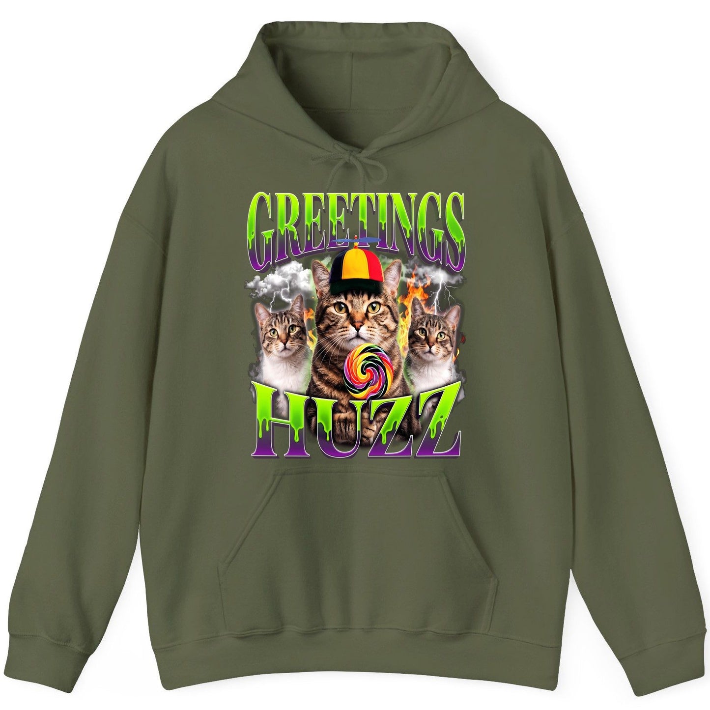 Greetings HUZZ Funny Cat Hoodie - product mockup - Military Green
