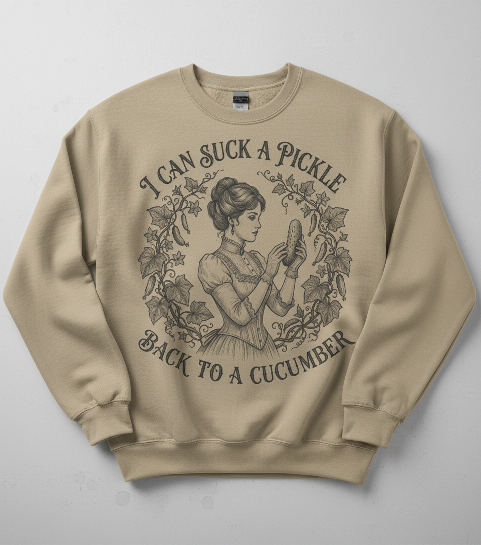 Vintage Victorian "I Can Suck a Pickle Back to a Cucumber" Design Sweatshirt - Sand