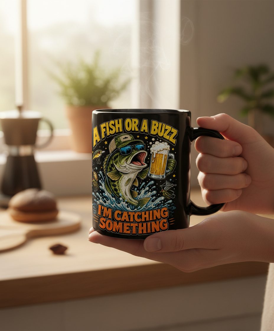 A Fish or a Buzz I'm Catching Something Funny Fishing Black Mug - lifestyle model mockup - Black