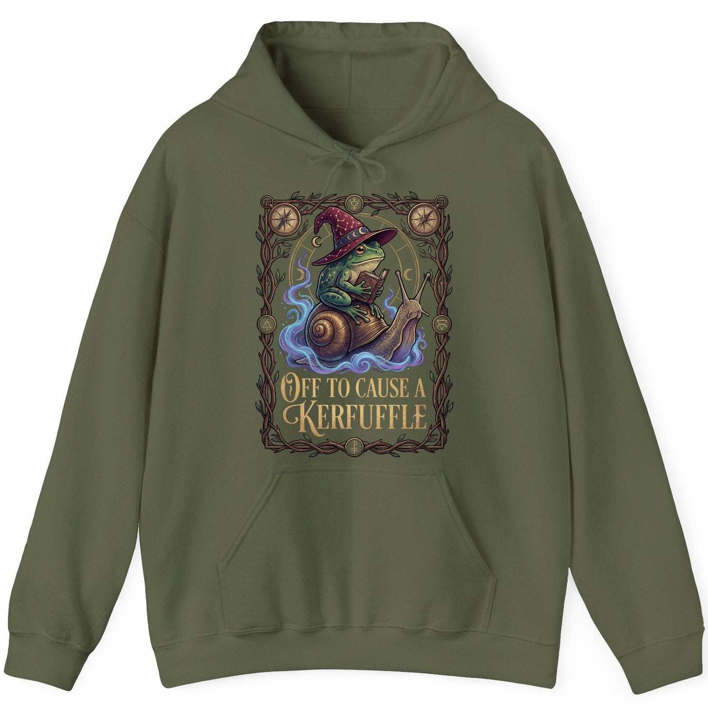 Off to Cause a Kerfuffle frog wizard Hoodie Military Green product mockup