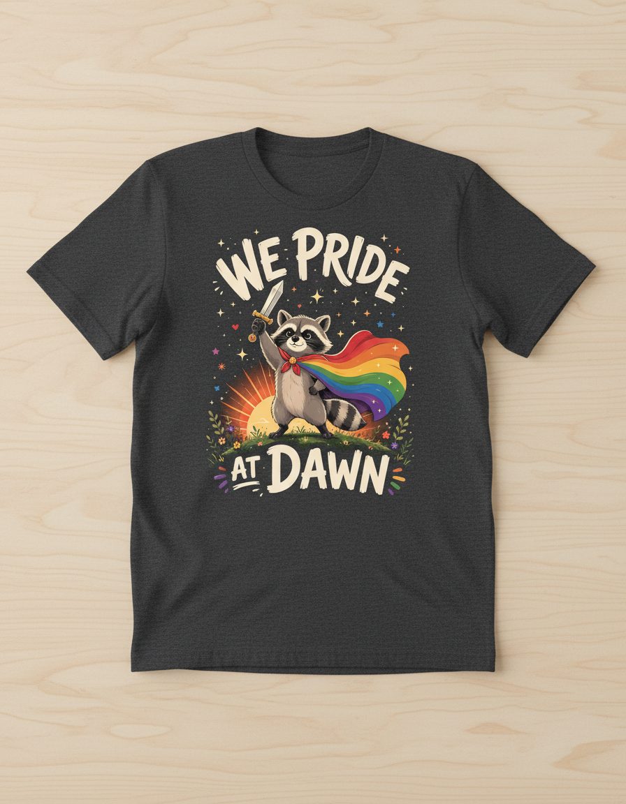We Pride at Dawn Lgbtq Raccoon T-Shirt - product mockup - Dark Heather