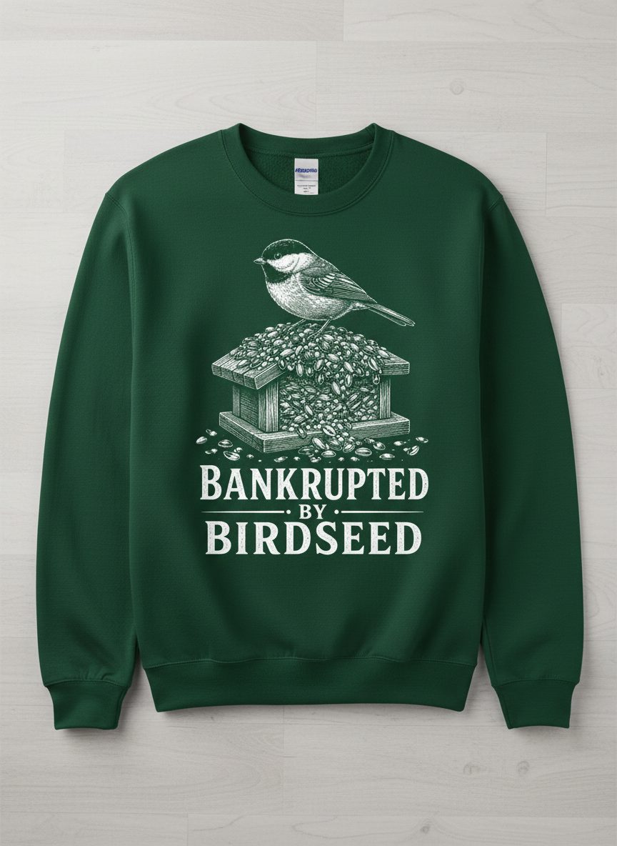 Bankrupted By Birdseed Funny Sweatshirt - product mockup - Forest Green