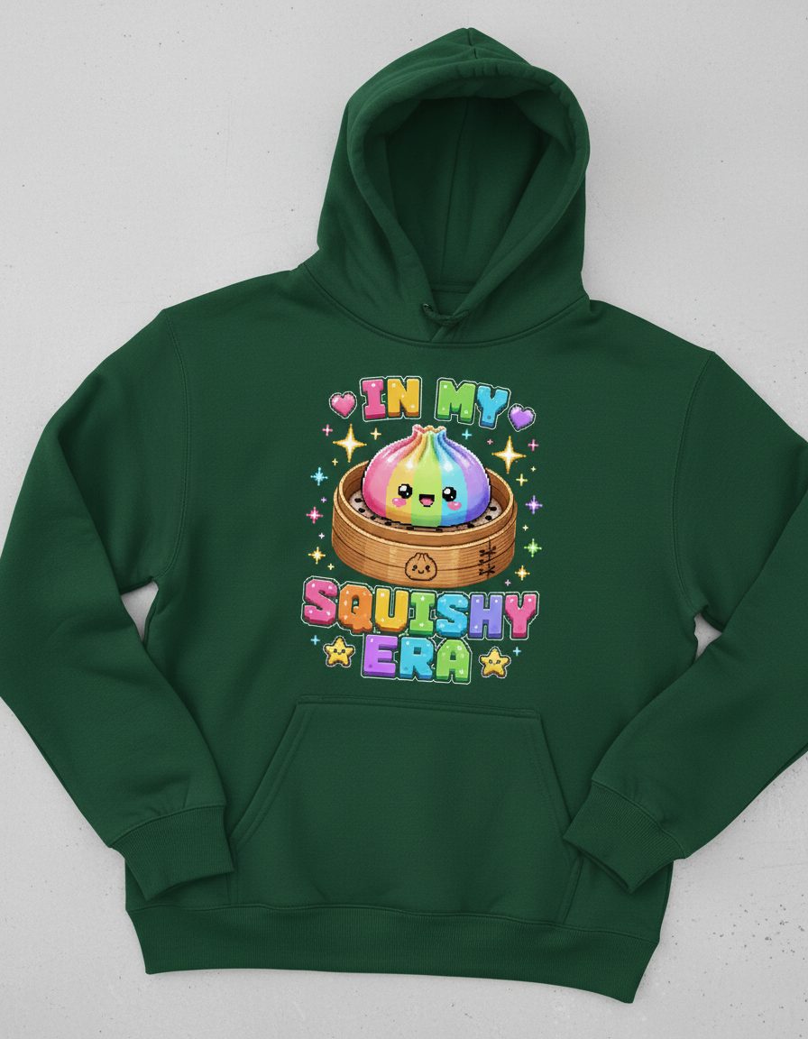 In My Squishy Era Retro Kawaii Dumpling Hoodie - product mockup - Forest Green