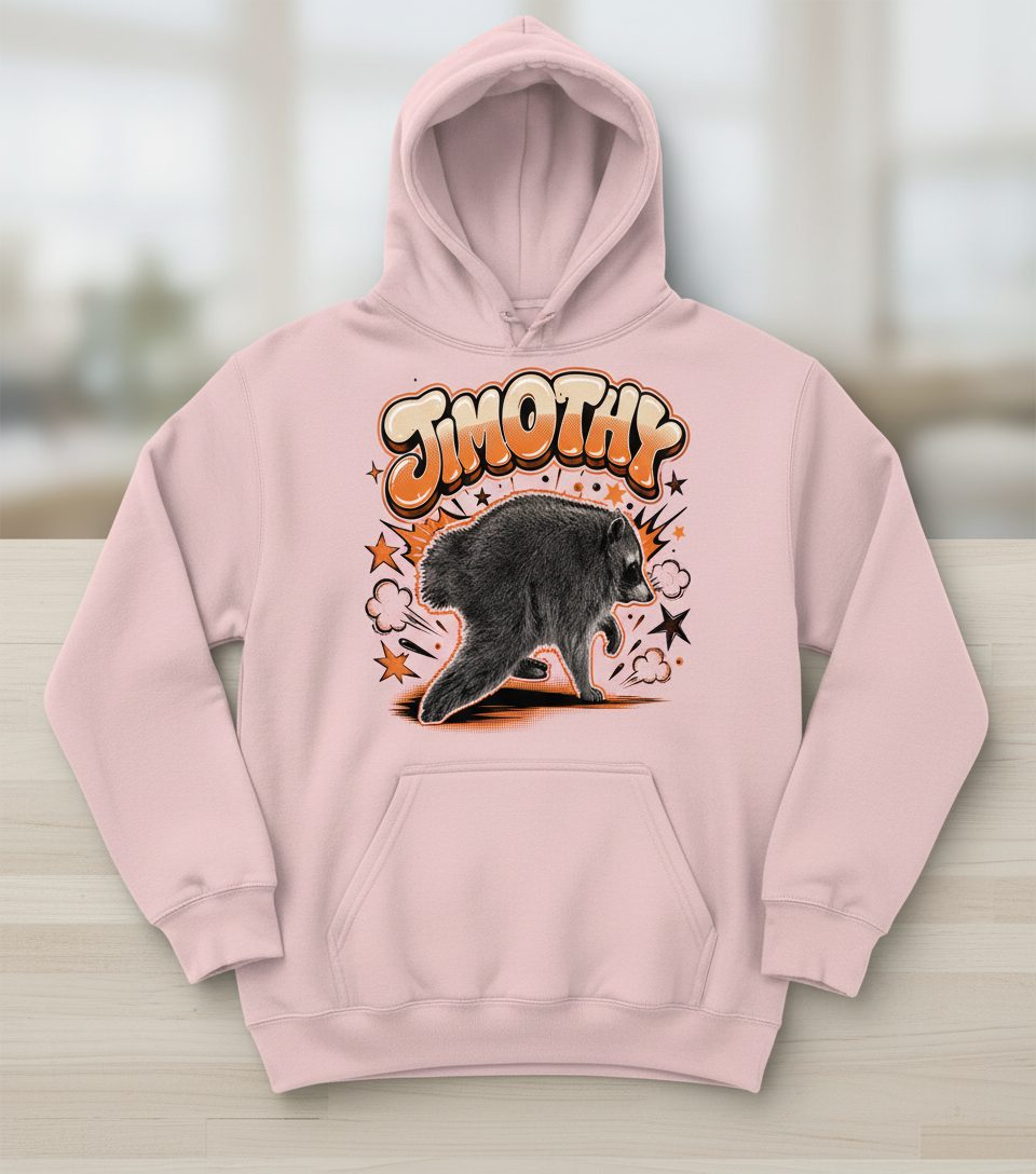 Timothy Retro Raccoon Hoodie - product mockup - Light Pink