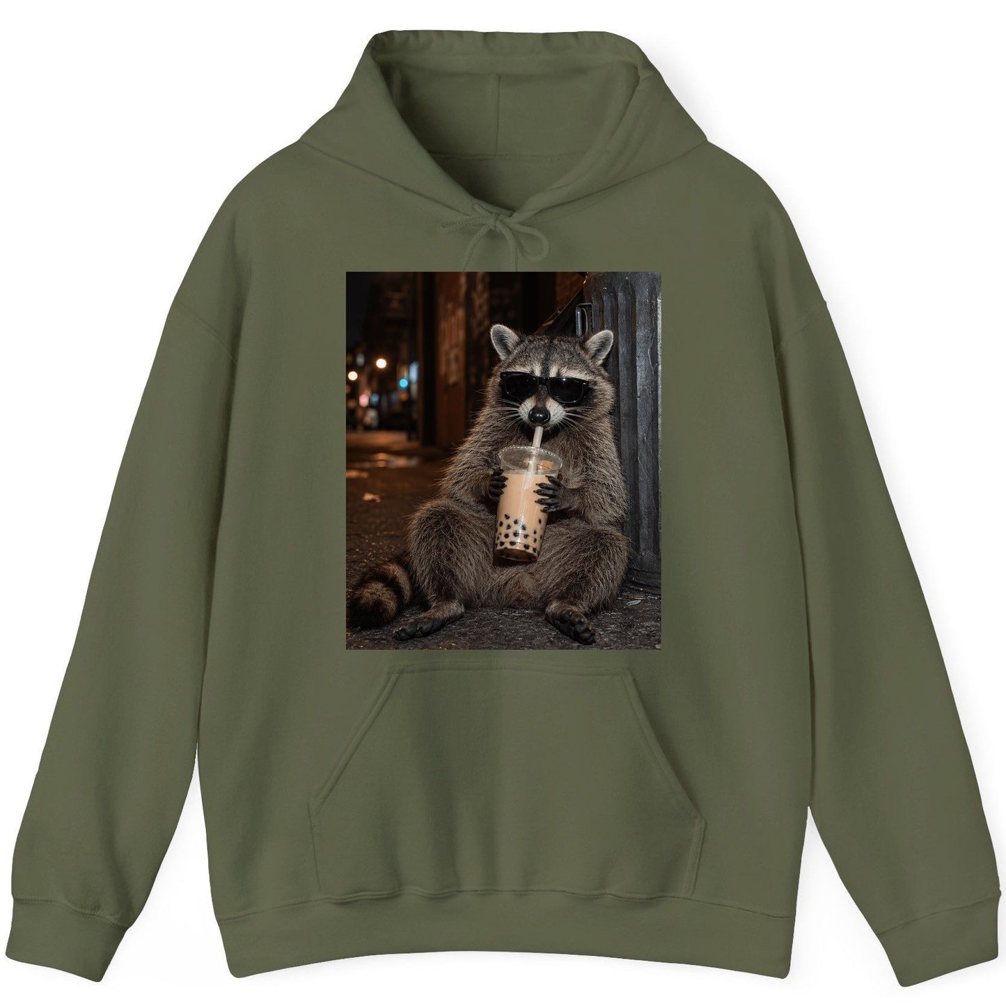 Cool Raccoon Bubble Tea Funny Lovers Hoodie - product mockup - Military Green