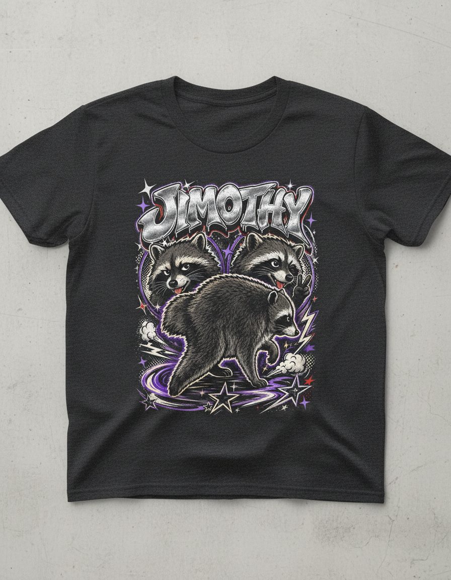 Jimothy Funny Raccoon T-Shirt - product mockup - Dark Heather