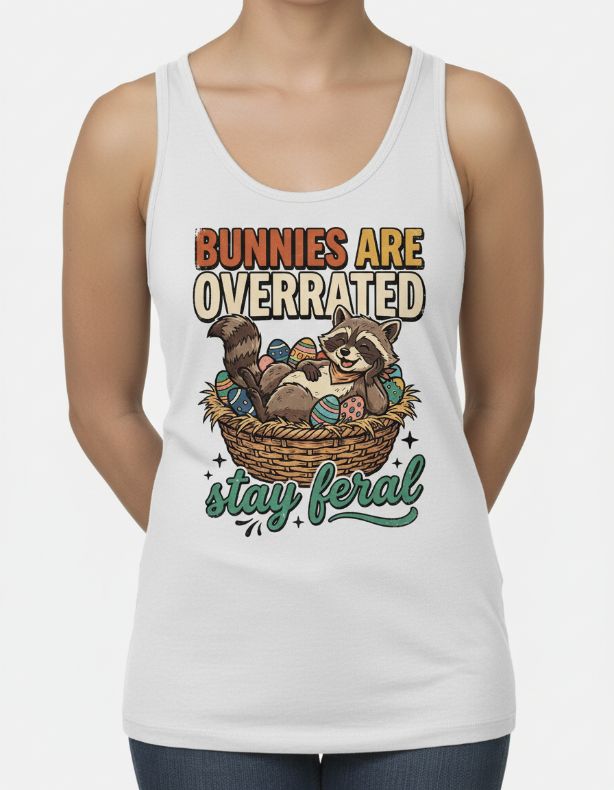 Bunnies Are Overrated Stay Feral Raccoon Easter Design Tank Top - White