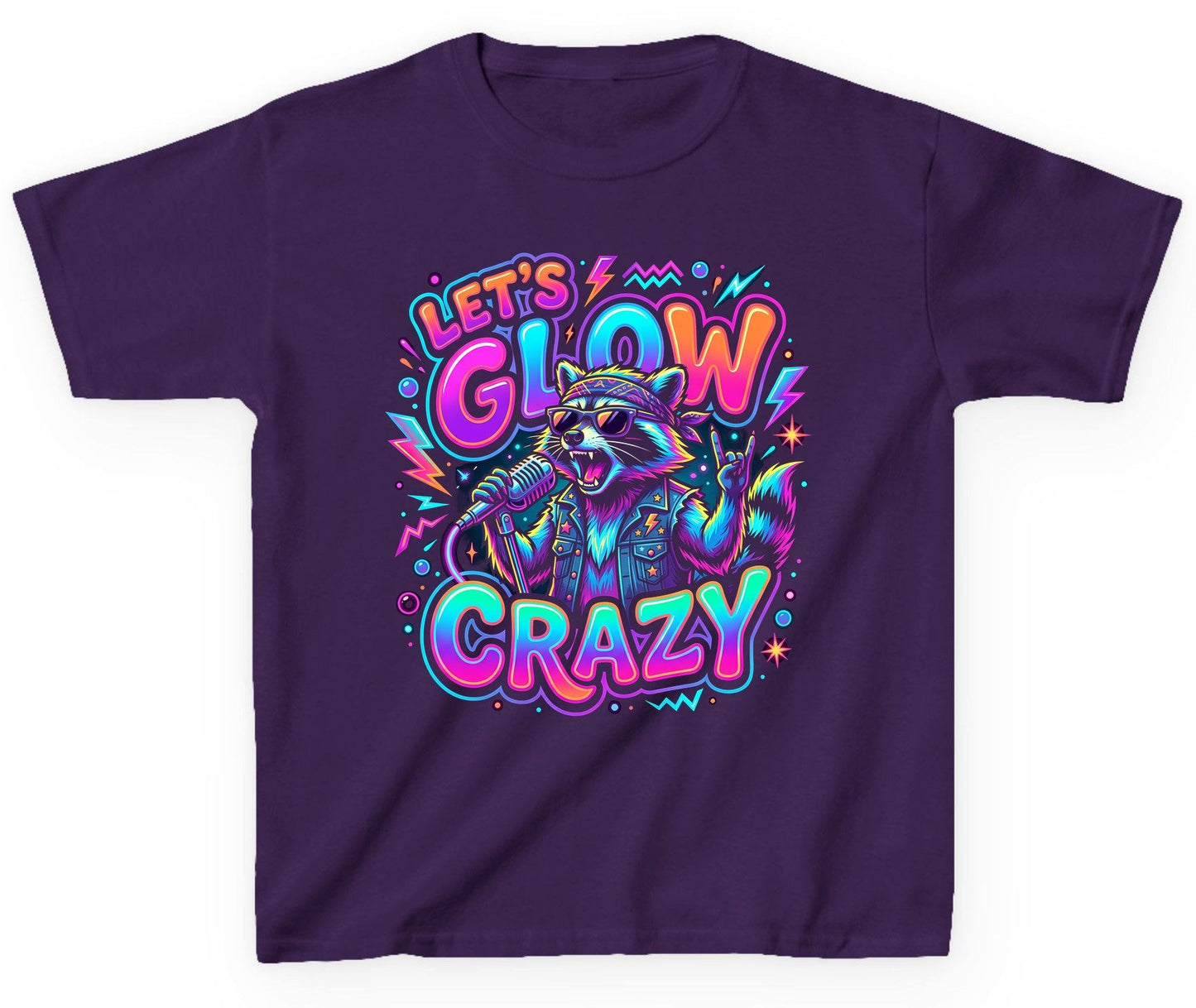 Let's Glow Crazy Funny Rockstar Raccoon Youth T-Shirt - product mockup - Purple