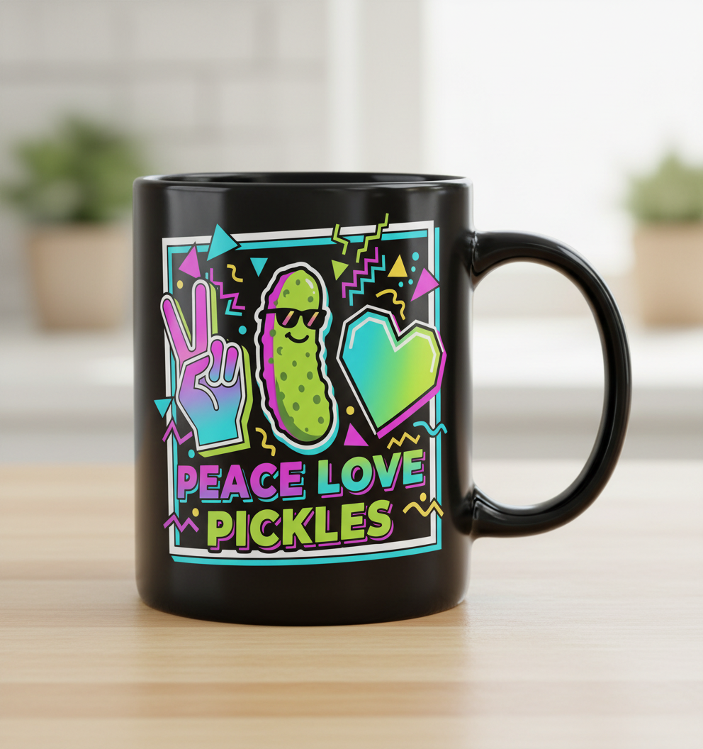 Peace Love Pickles Retro 80s 90s Style Design Black Mug - Black