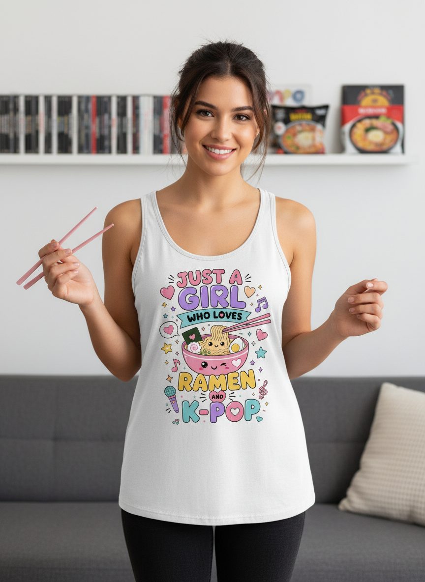 Just a Girl Who Loves Ramen and K-Pop Fans Tank Top - lifestyle model mockup - White