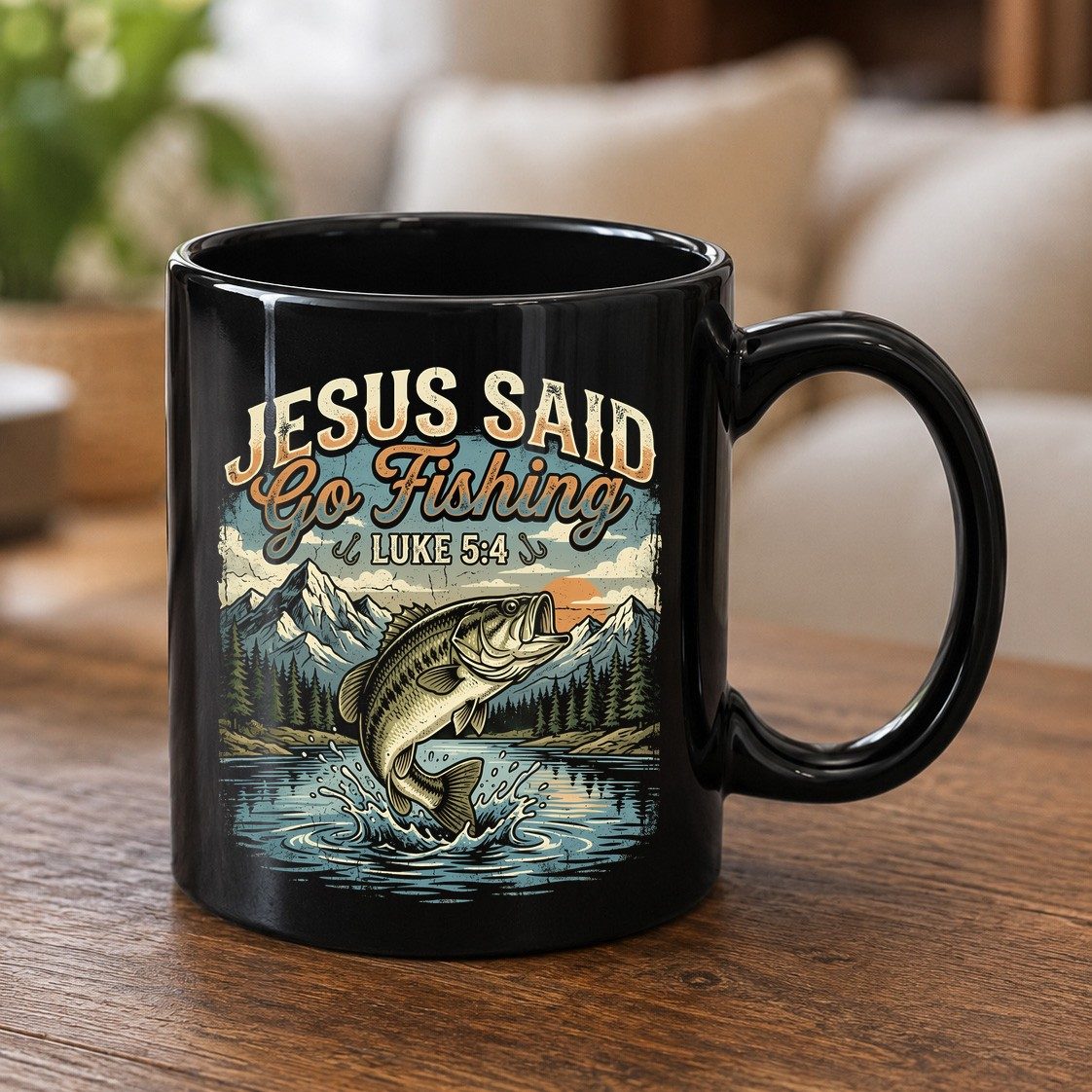 JESUS SAID Go Fishing LUKE 5 4 Retro Christian Black Mug - product mockup - Black