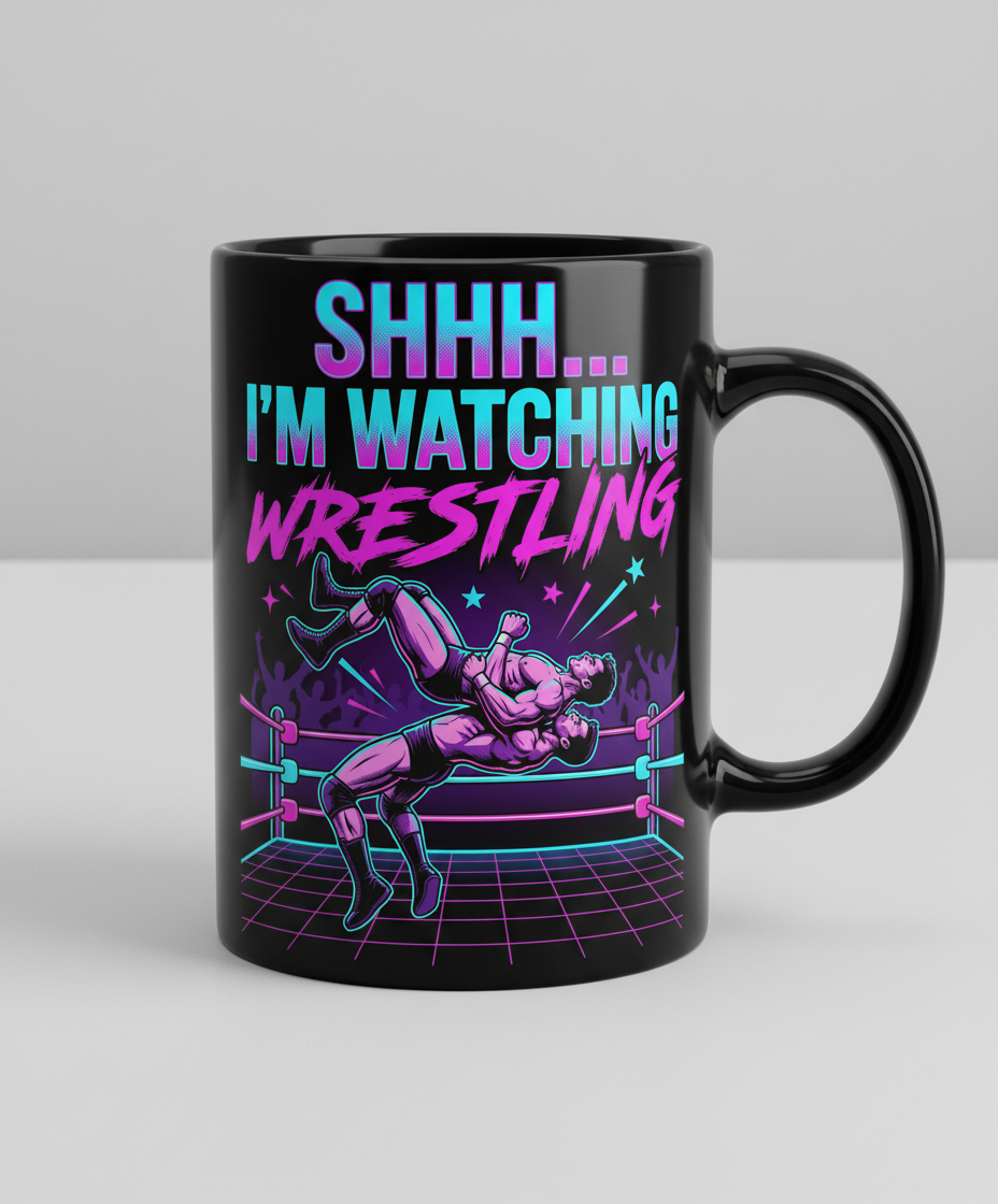 Shhh I'm Watching Wrestling Retro 80s Design Black Mug - Black