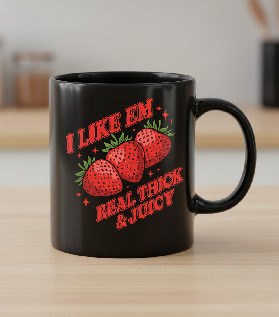 I Like Em Real Thick & Juicy Strawberries Funny Retro Design Black Mug - Black