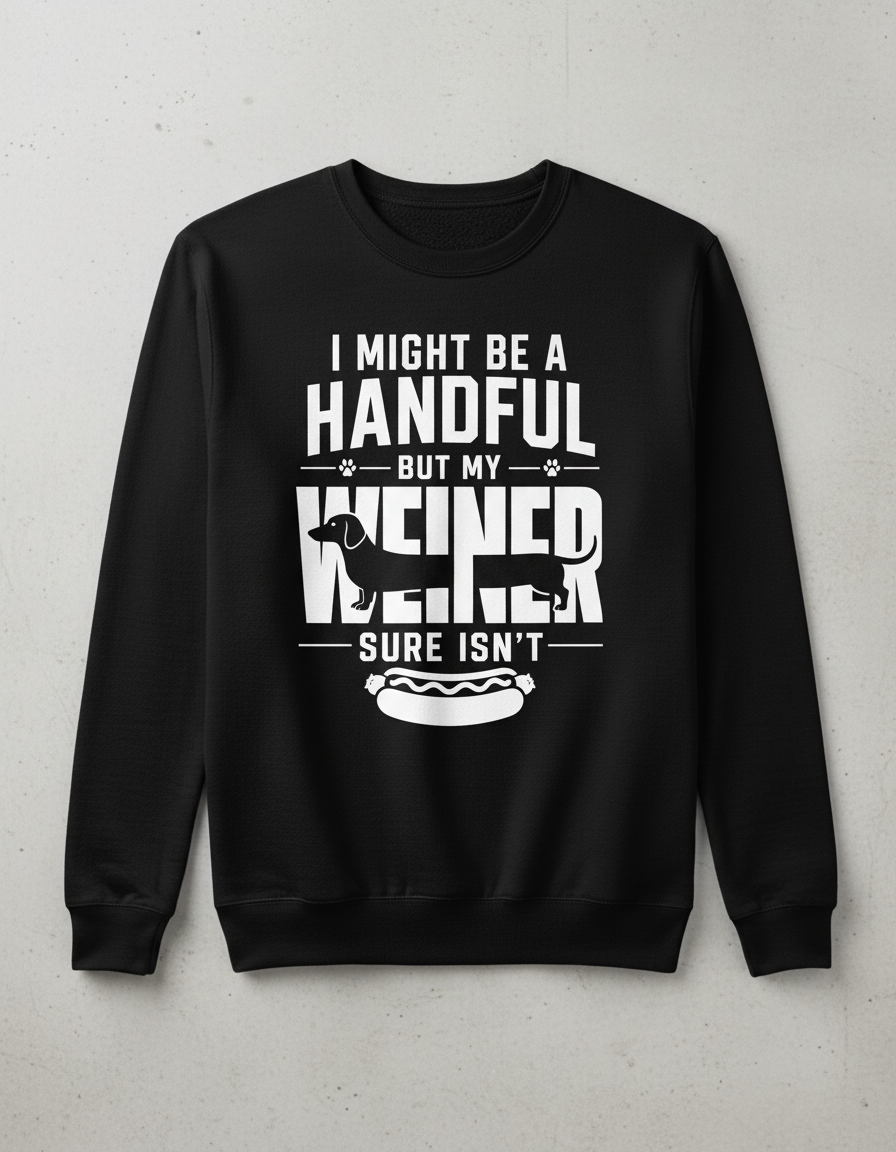 Funny Dachshund Wiener Dog Pun 'I Might Be A Handful' Sweatshirt - Black