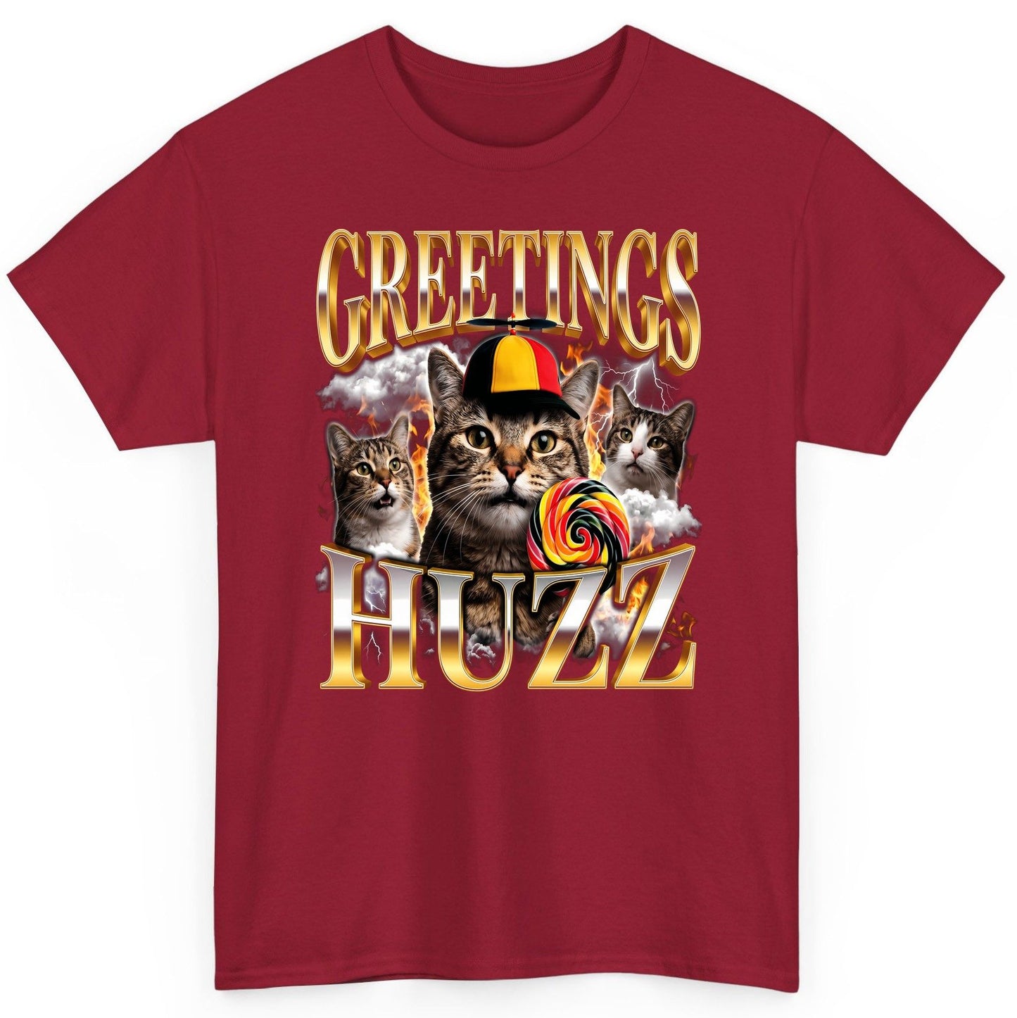 Greetings HUZZ Funny Cats T-Shirt - product mockup - Cardinal Red
