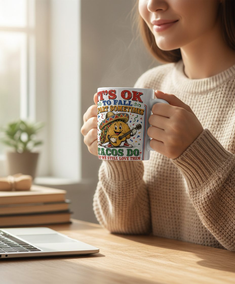 IT'S OK TO FALL APART Sometimes TACOS DO AND WE STILL LOVE White Mug - lifestyle model mockup - White