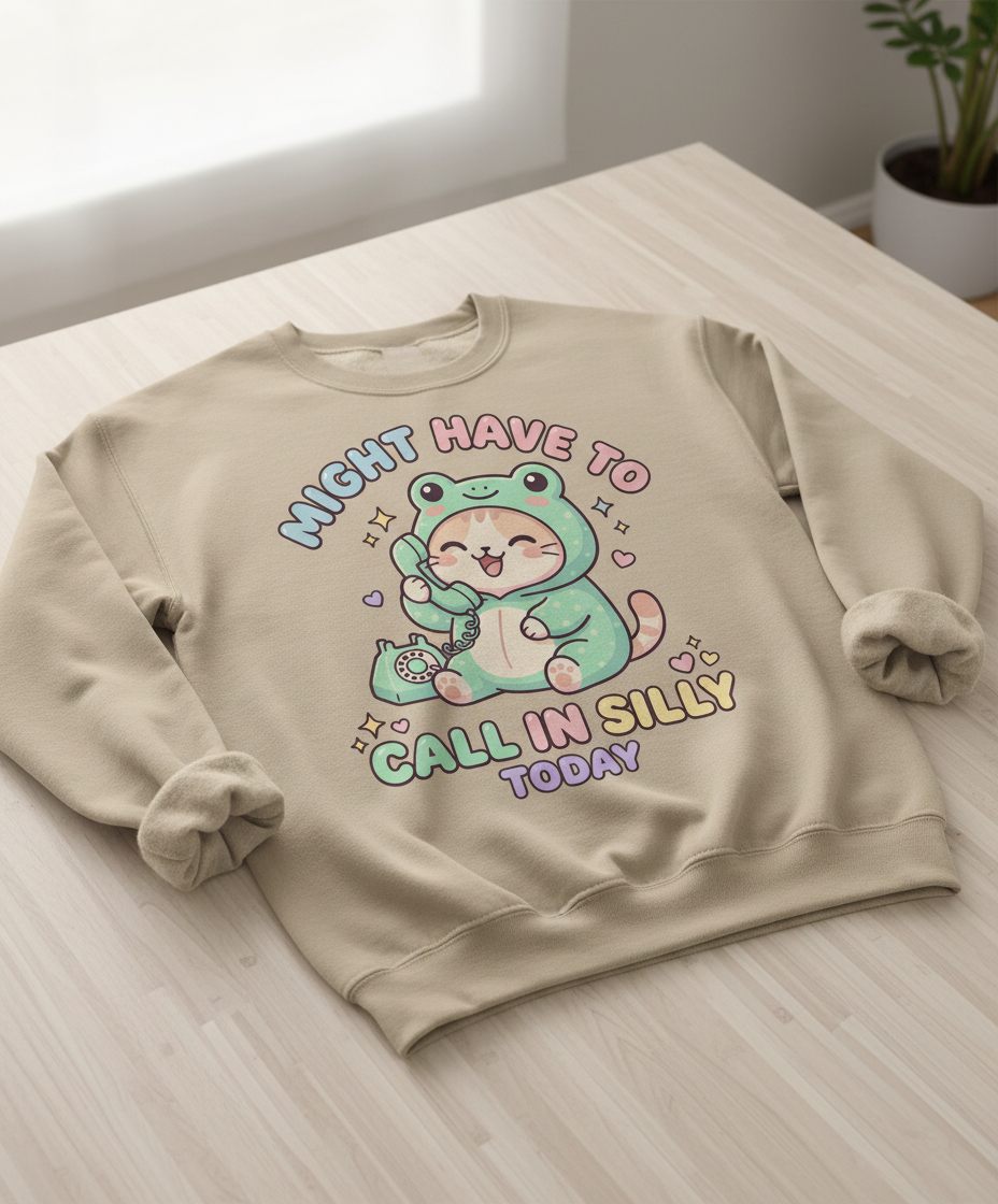 Kawaii Cat in Frog Costume Might Have To Call In Silly Today Sweatshirt - Sand