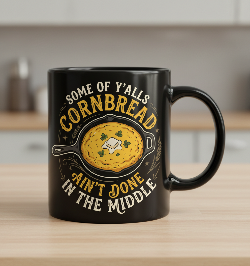 Funny Southern Saying Cornbread Ain't Done In The Middle Black Mug - Black