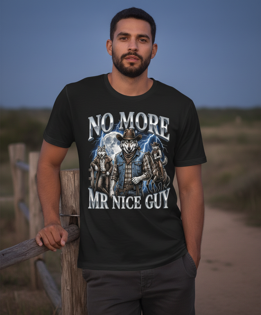 No More Mr Nice Guy Cowboy Wolf T-Shirt - lifestyle model mockup - Black