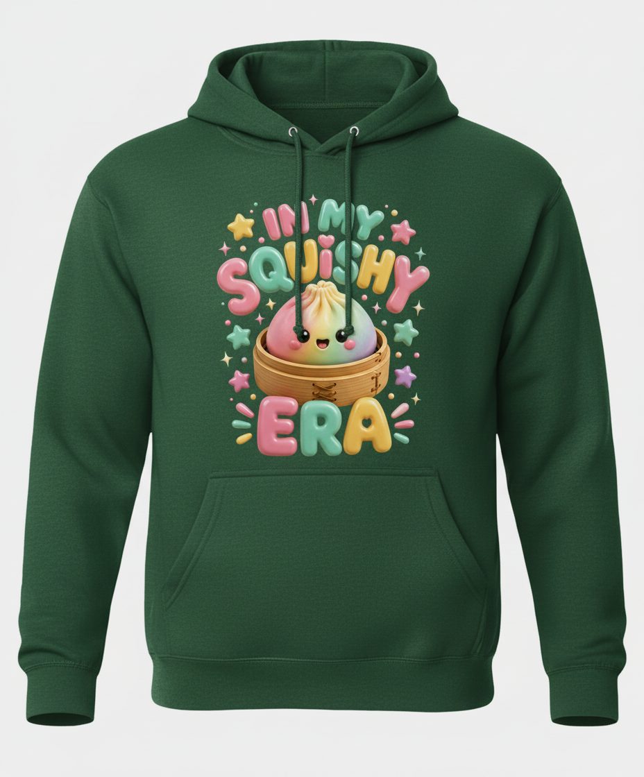 In My Squishy Era Cute Dumpling Hoodie - product mockup - Forest Green