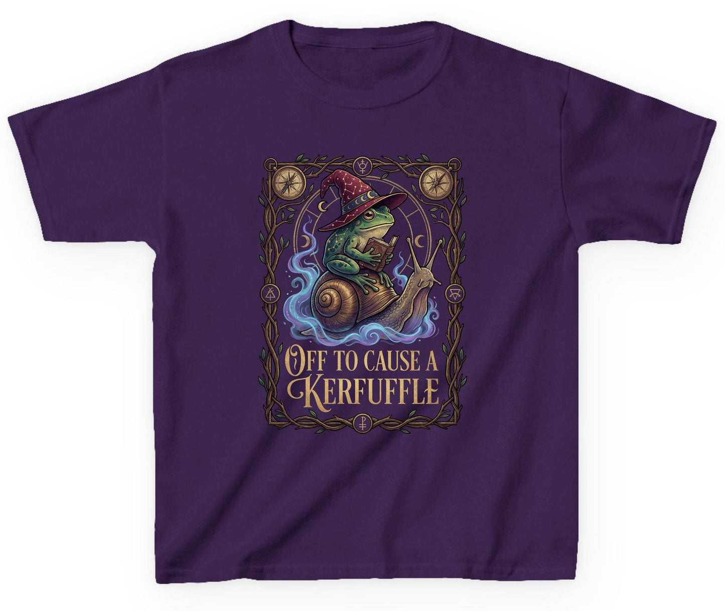 Off to Cause a Kerfuffle frog wizard Youth T-Shirt Purple product mockup