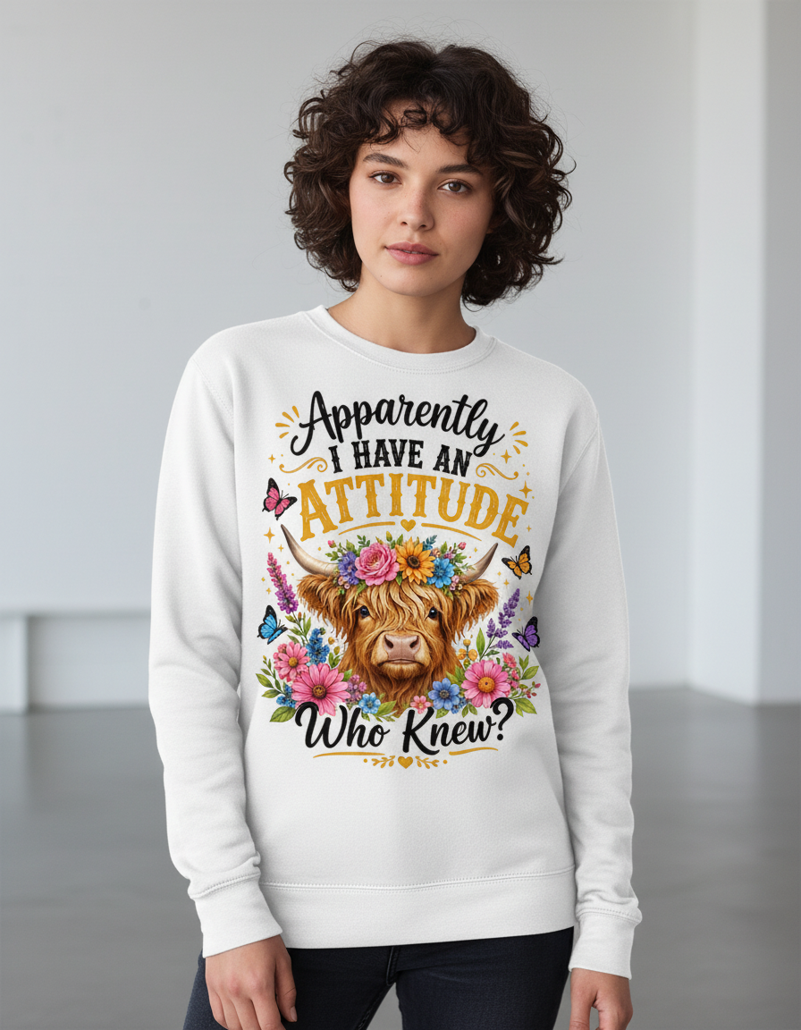 Apparently I Have An Attitude Highland Cow Sweatshirt - White