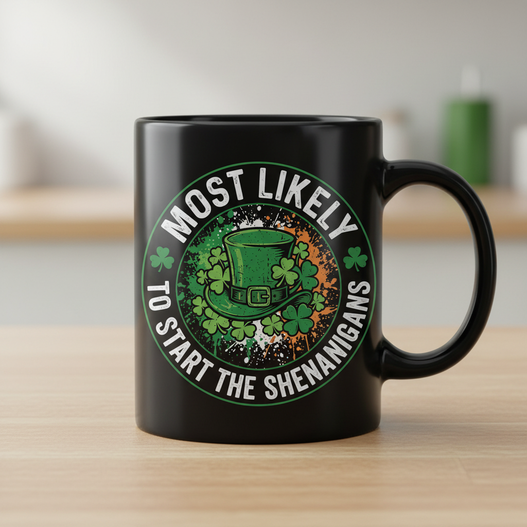 Most Likely To Start The Shenanigans St. Patrick's Day Design Black Mug - Black
