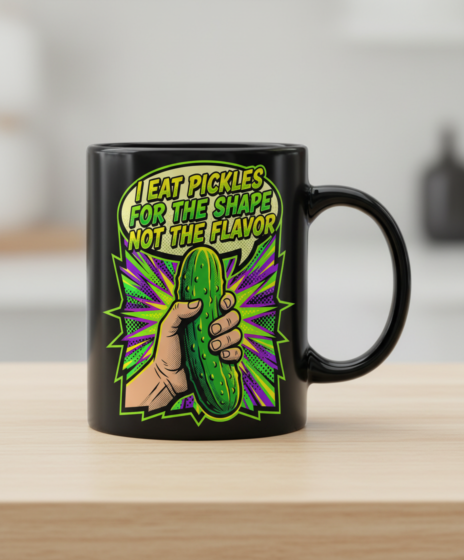 I Eat Pickles For The Shape Not The Flavor Funny Comic Art Black Mug - Black