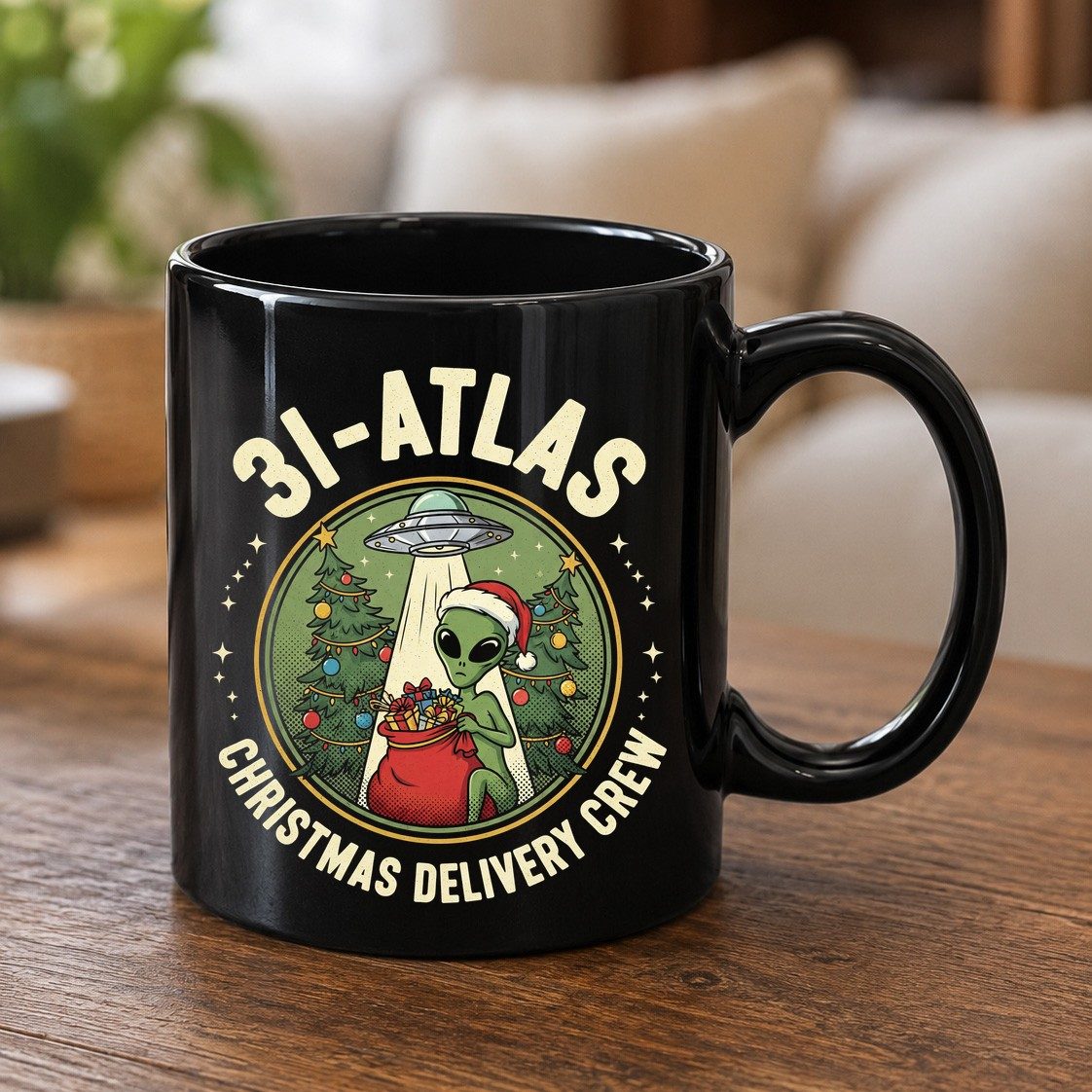 31-Atlas Christmas Delivery Crew alien Christmas Black Mug Black product mockup