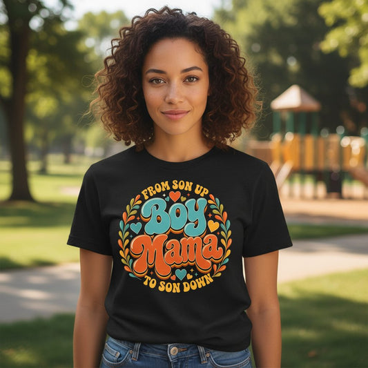 From Son Up to Son Down Boy Mama Retro Mothers of Sons T-Shirt - lifestyle model mockup - Black