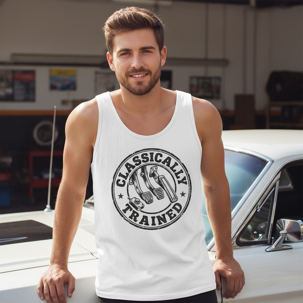 Classically Trained Vintage Manual Transmission Tank Top - lifestyle model mockup - White